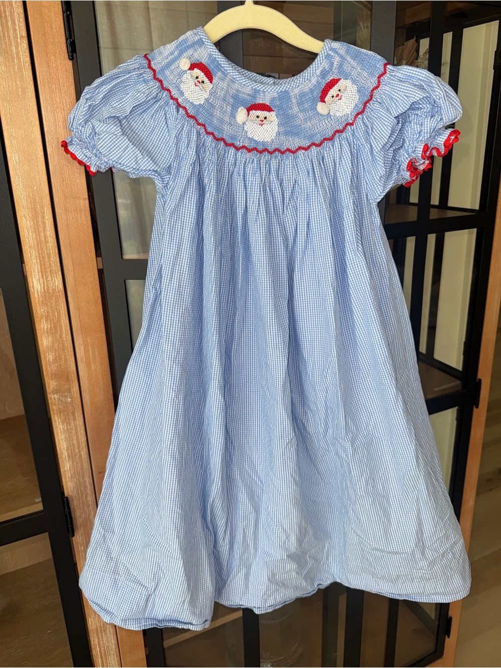 Santa smocked bishop dress Christmas gingham short sleeve toddler girl
